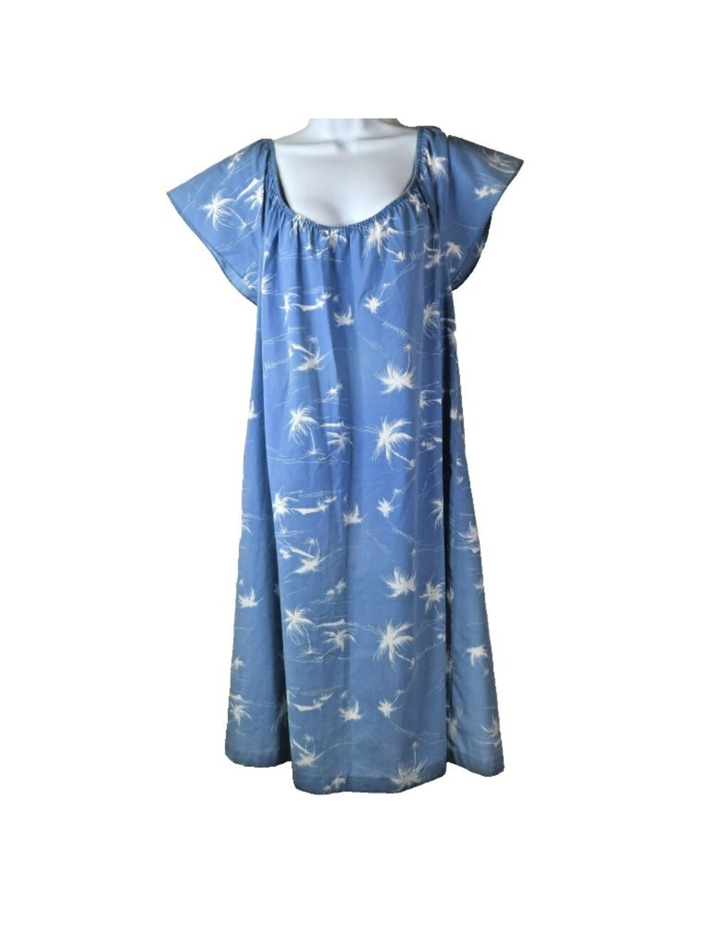 Hilo Hattie Hawaiian Dress Size L FLAWS Traditional Midi MuuMuu Cotton Blue